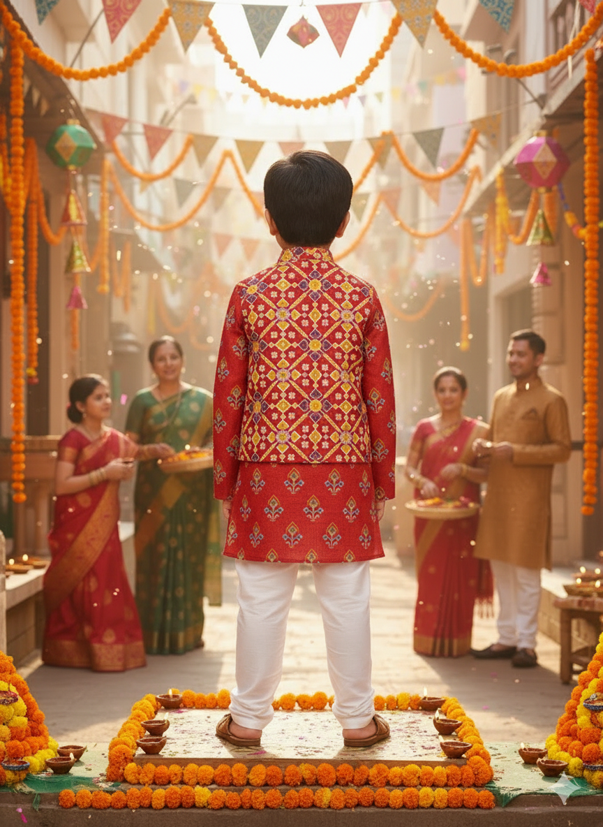 Red Patola Print Jacket with Kurta -Pyjama