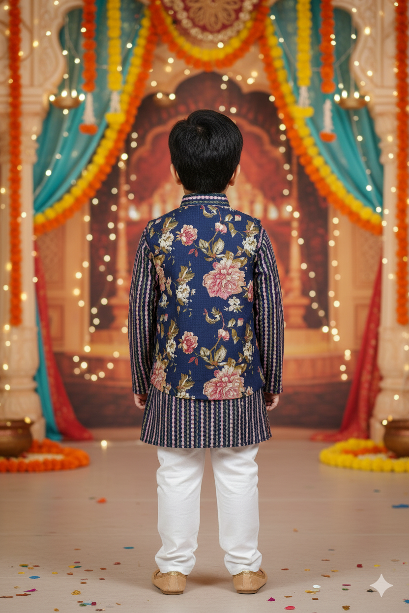 Royal Blue Fulwari Print Jacket with Kurta-Pyjama