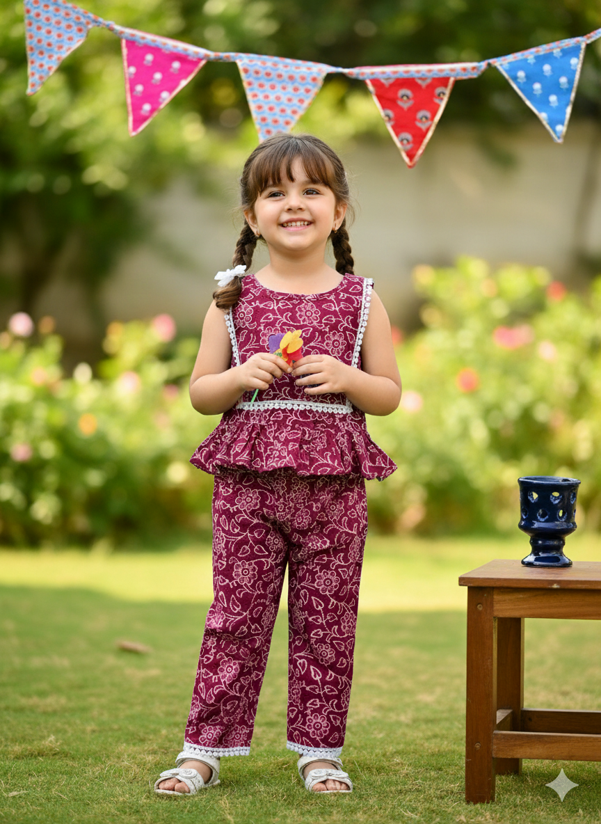 Wine Colour Discharge printed Girls Co-ord Set