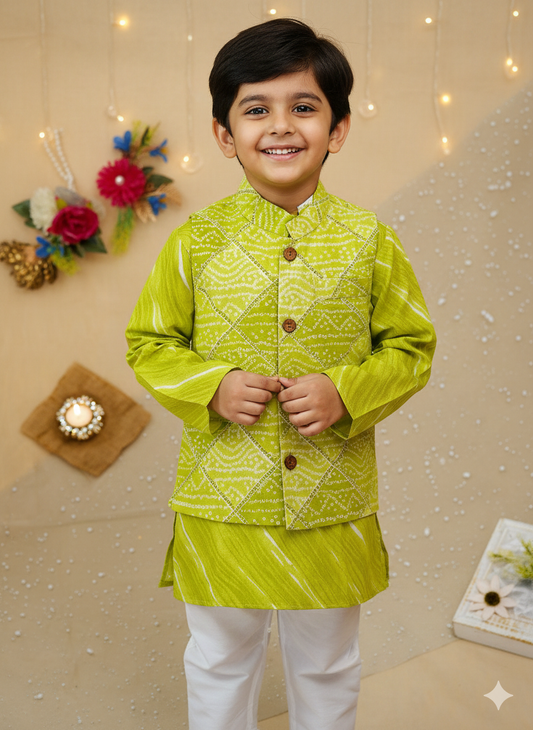 Parrot Green Bandhej Kurta and Jacket with Pyjama (Tie and Dye)