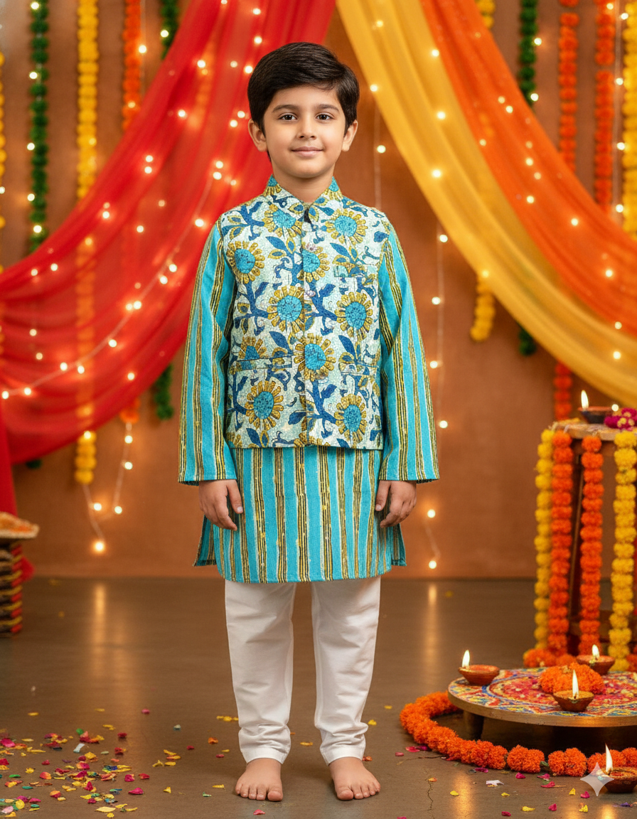 Teal green Sun flower print Jacket with Kurta -Pyjama