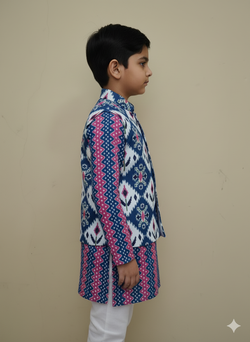 Ikkat Blue Print Jacket with Kurta -Pyjama
