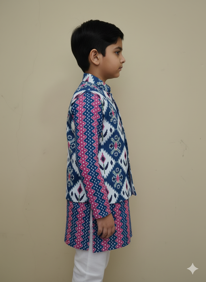 Ikkat Blue Print Jacket with Kurta -Pyjama