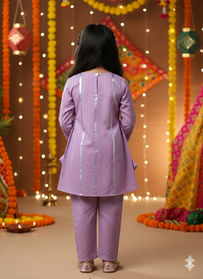 Stylish Lavender Lurex cotton flared suit set for Girls