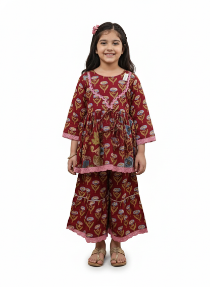 Ethnic Gathered Olive Green Kurta With Sharara Set