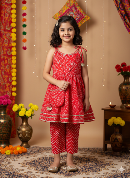 Jaipuri Print Red Colour Girls Flare Suit Set