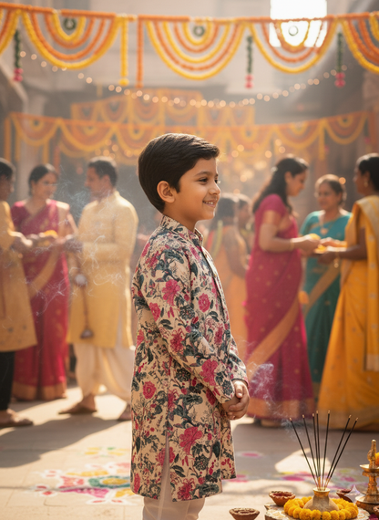 Teal Blue Floral Printed Boy's Kurta