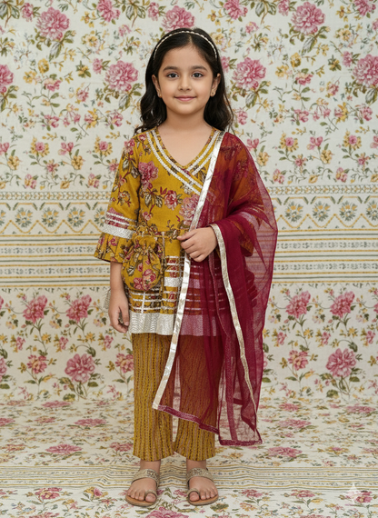 Mustard Floral Printed Girls Flare Suit Set