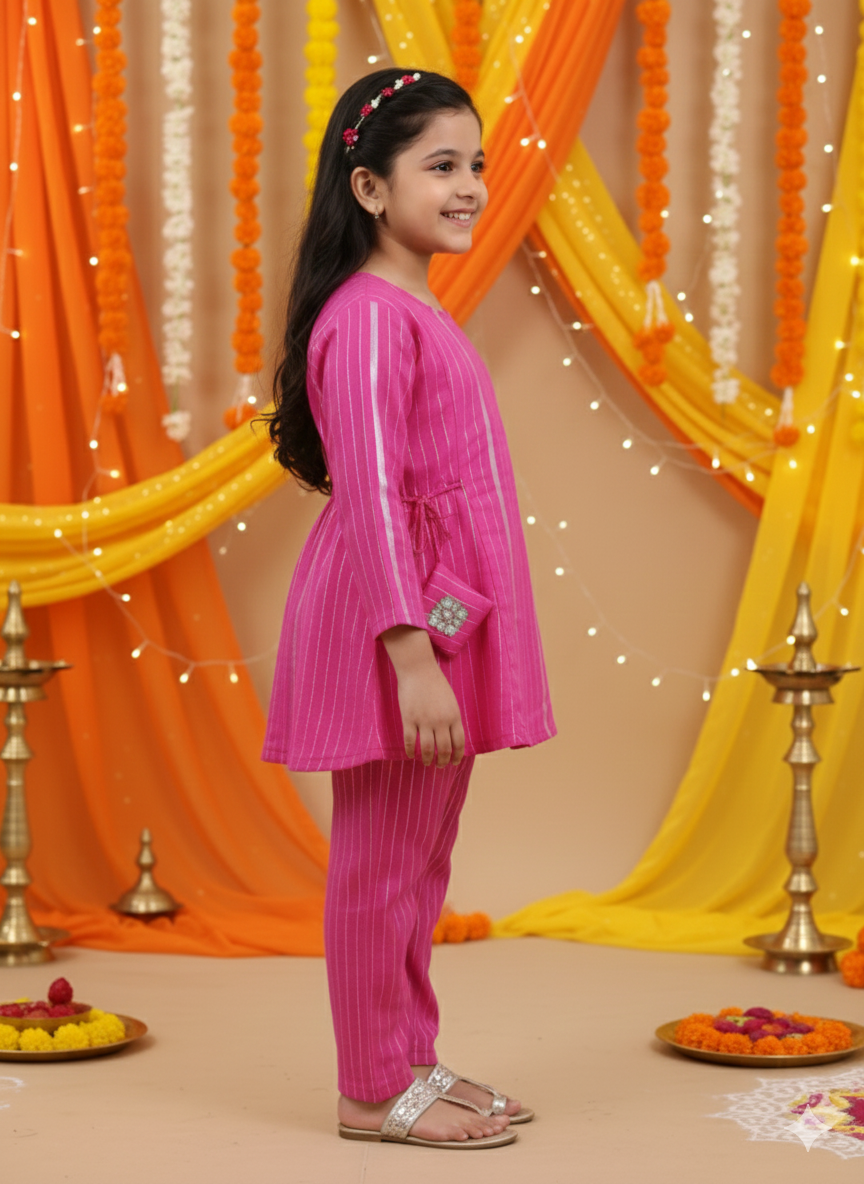 Stylish Pink Lurex cotton flared suit set for Girls