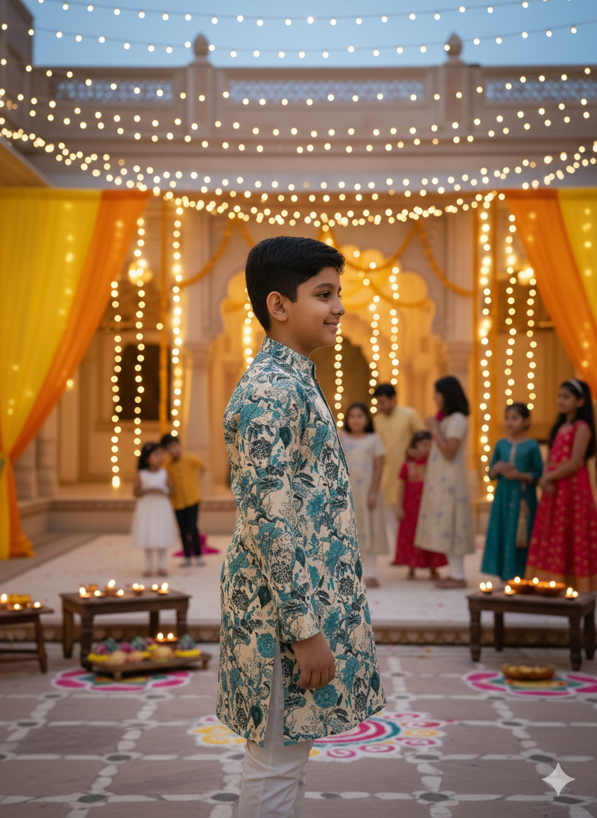 Teal Blue Floral Printed Boy's Kurta