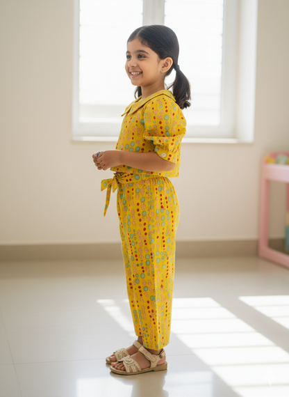 Yellow Coloured polka dots Printed Girls Co-Ords