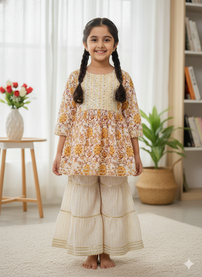 Screen Print Yellow Color Anarkali suit With Sharara