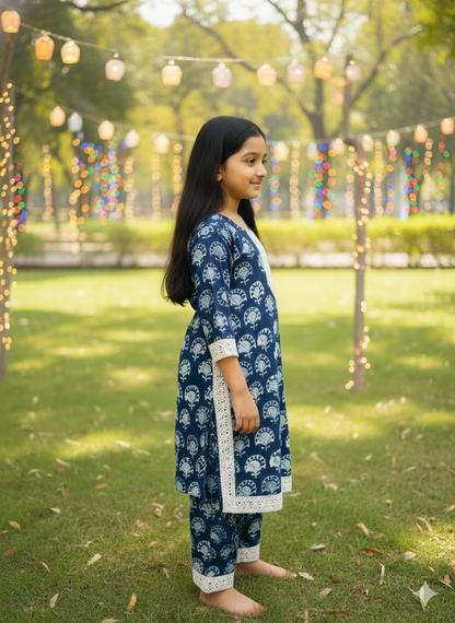 Blue Block Printed Straight Kurta with Palazzo