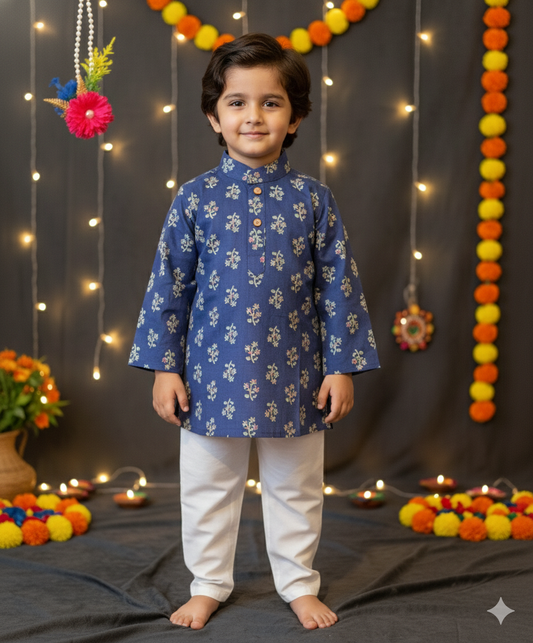 Navy Blue Block Printed Kurta -Pyjama