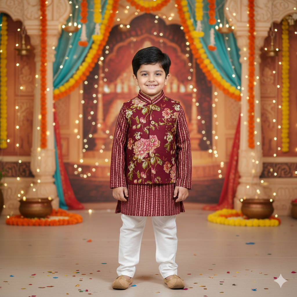 Mehroon Fulwari Jacket with Kurta -Pyjama ( Tie and Dye)