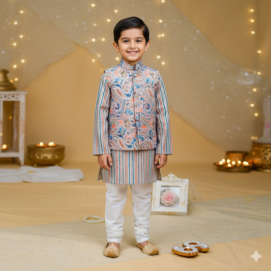 Orange Pastel Paisley Jacket with Kurta Pyjama