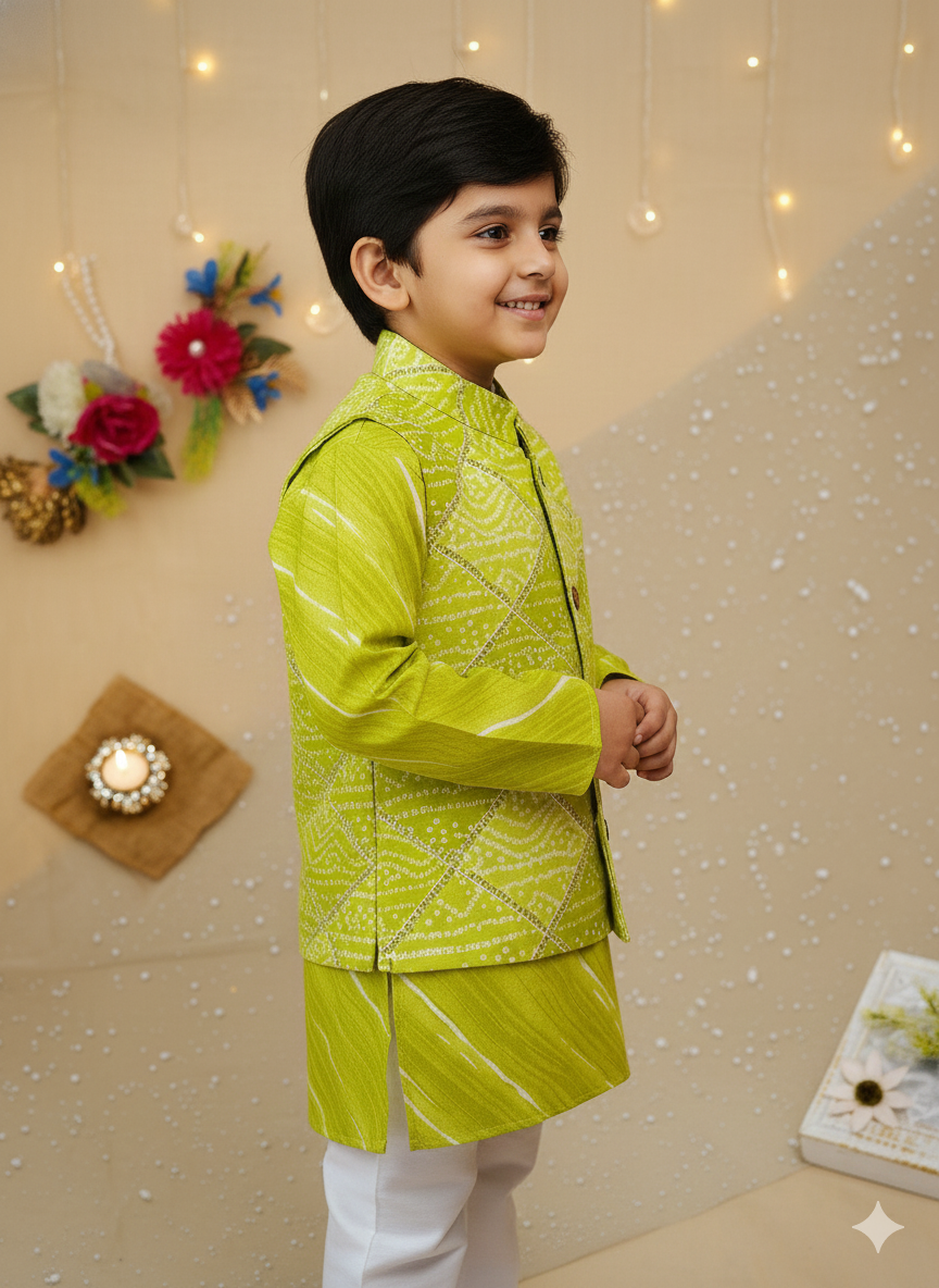 Parrot Green Bandhej Kurta and Jacket with Pyjama (Tie and Dye)