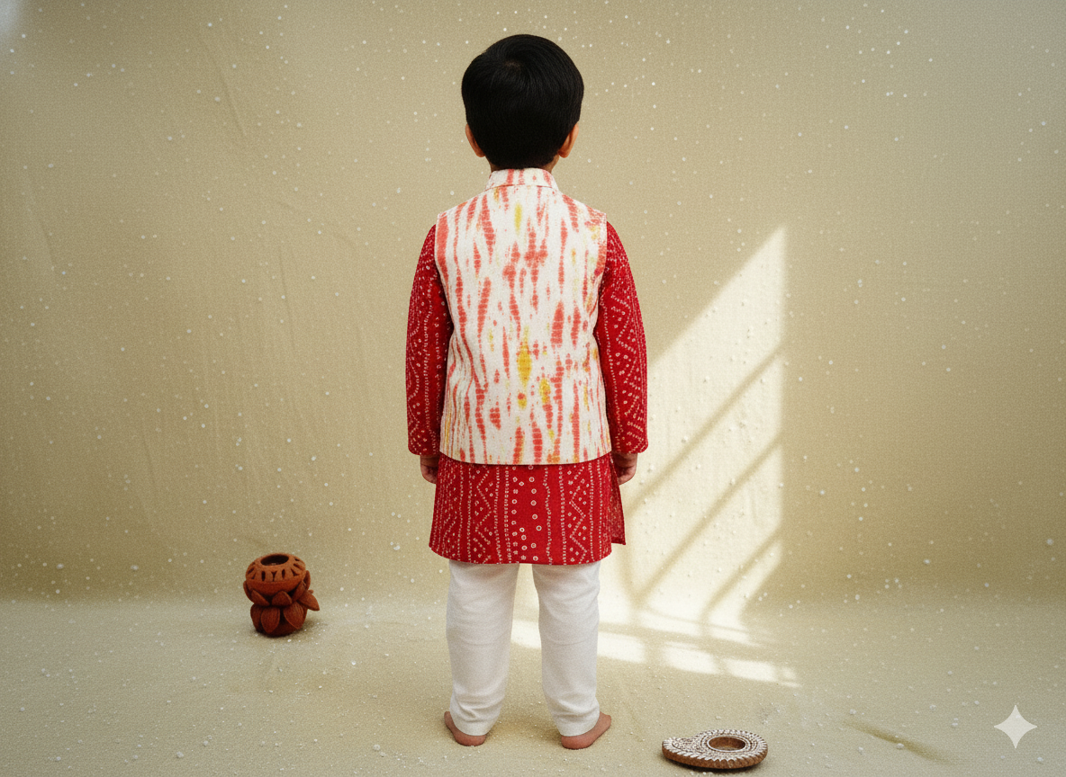 Red Tie and Dye Jacket with Bandhej Kurta-Pyjama