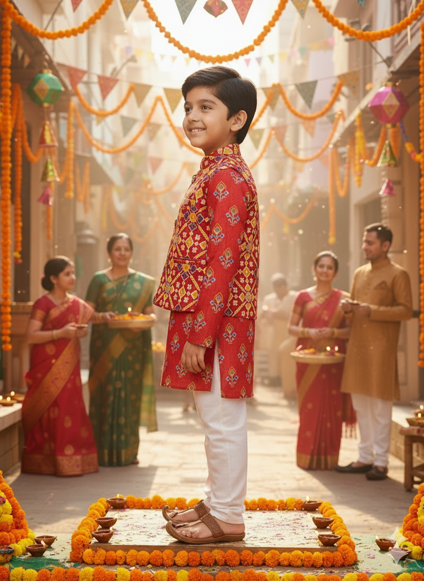 Red Patola Print Jacket with Kurta -Pyjama