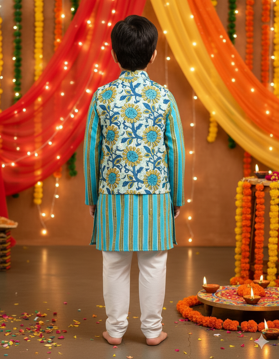 Teal green Sun flower print Jacket with Kurta -Pyjama