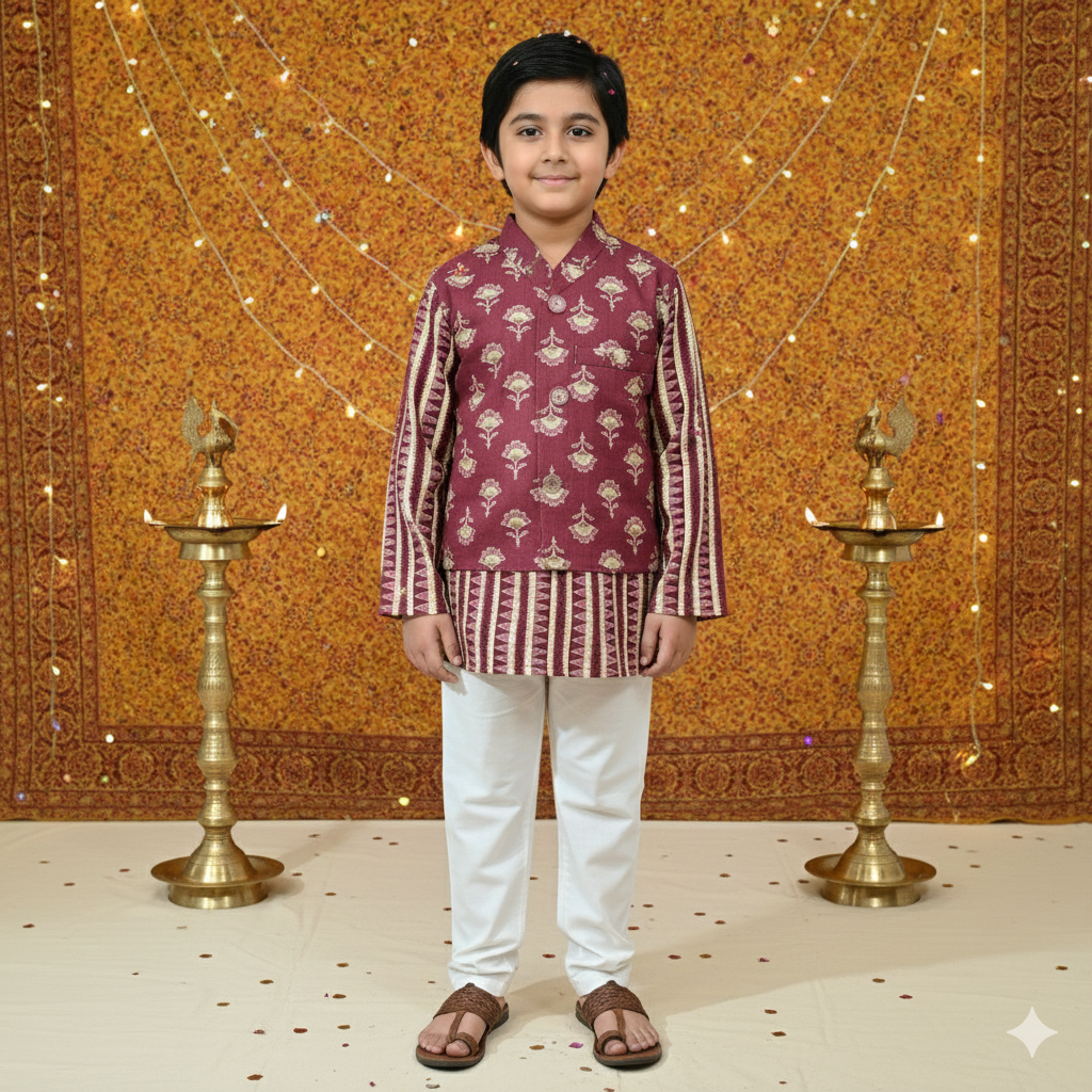 Plum Foil print Jacket with Kurta Pyjama