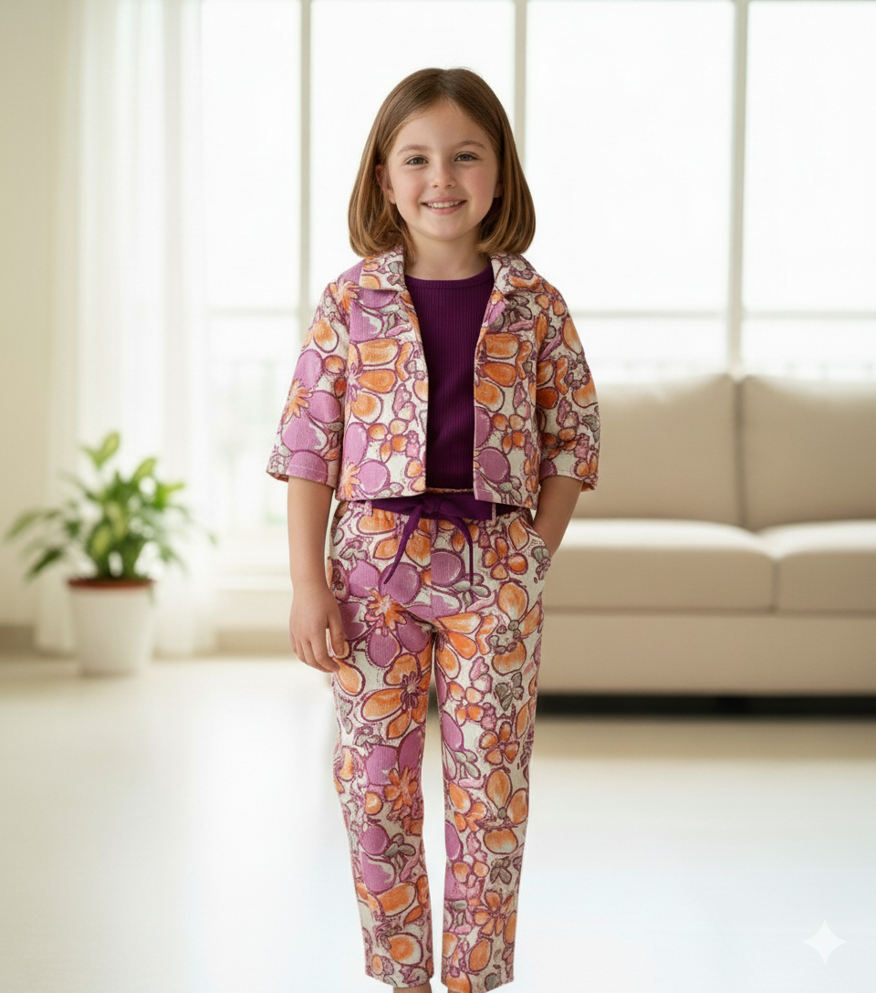 Purple Floral Printed 3 Piece Girls Co-Ords
