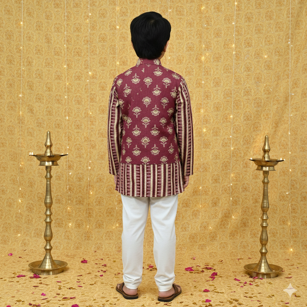 Plum Foil print Jacket with Kurta Pyjama