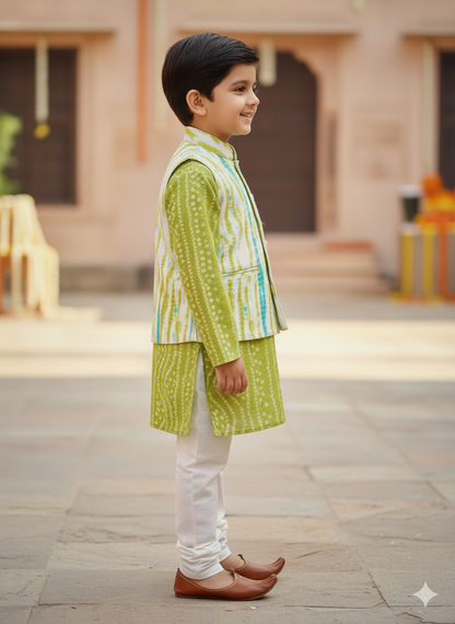 Parrot Green Tie and Dye Jacket with Bandhej Kurta -Pyjama