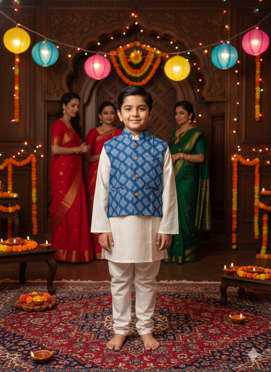 Royal Blue Jaal Buta Jacket with Kurta Pyjama