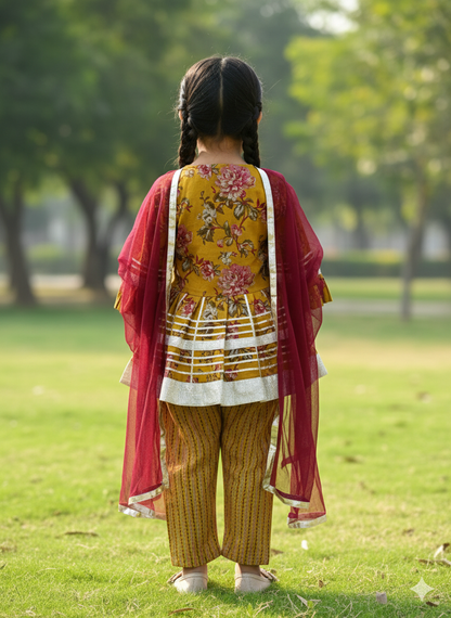 Mustard Floral Printed Girls Flare Suit Set