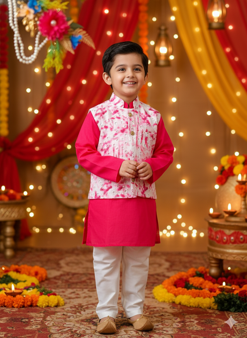 Schiffli Magenta Pink Jacket with Kurta -Pyjama