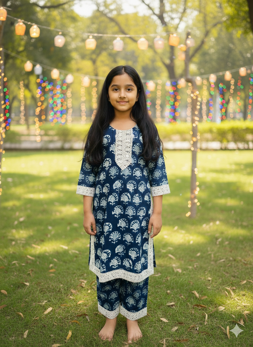 Blue Block Printed Straight Kurta with Palazzo