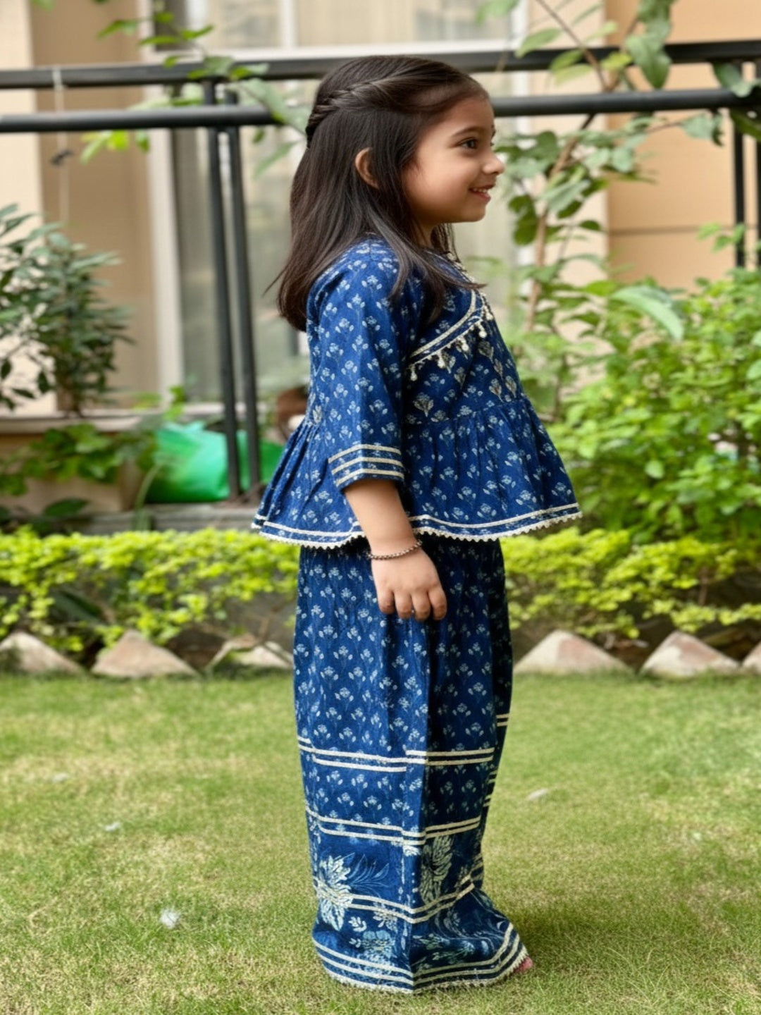 Blue Floral Printed  Gathered Kurta with Palazzo