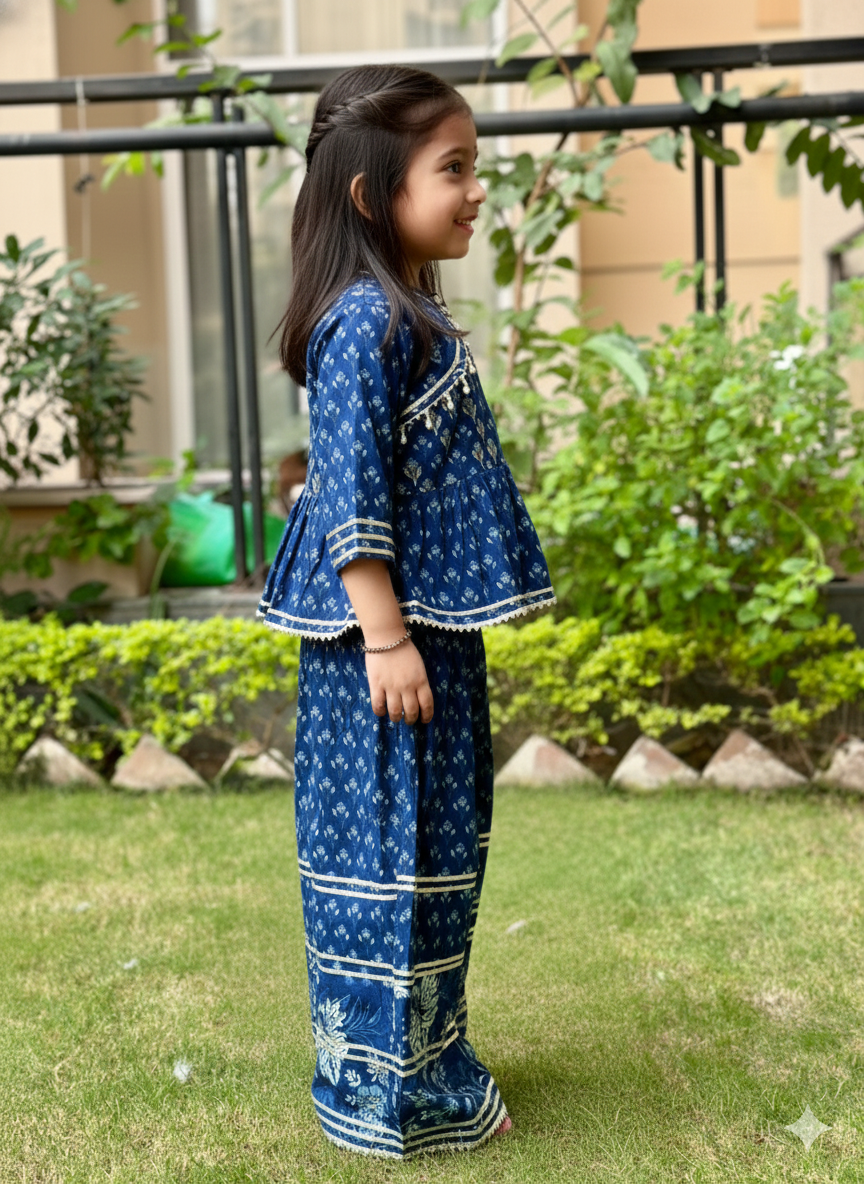 Purple and Blue Floral Printed Gathered Kurta with Palazzo