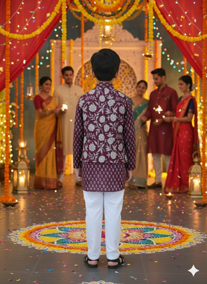 Mehroon Genda fool  Jacket with Kurta -Pyjama