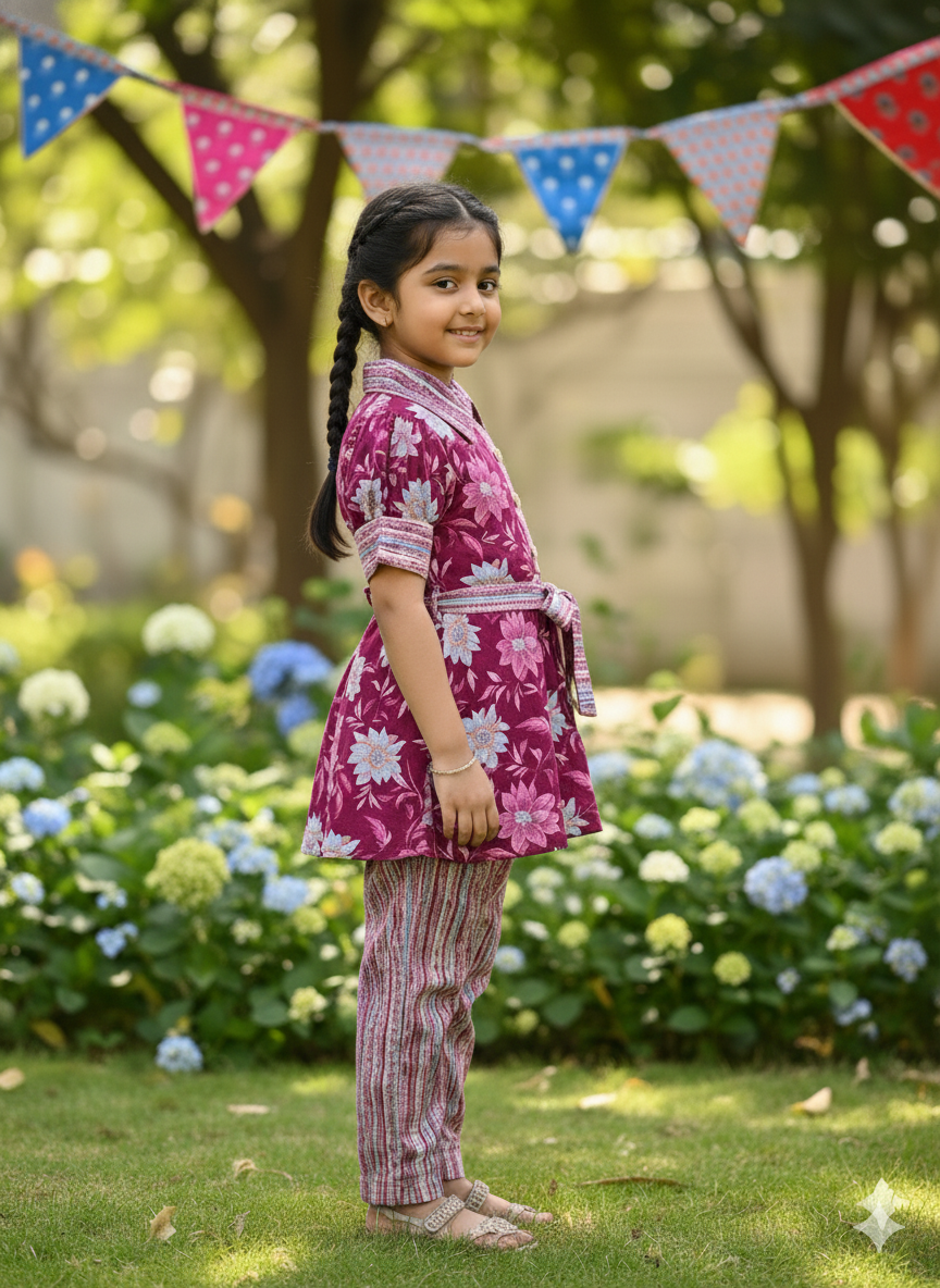 Flower Print Wine Colour Girls Co-Ords