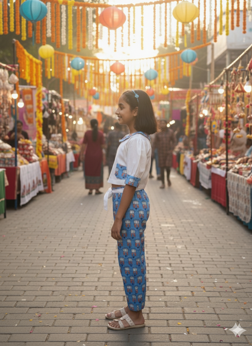 Blue Coloured Auto Printed Girls Co-Ords