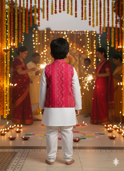 Red Bandhej Jacket With Lurex Kurta Pyjama