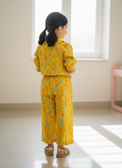 Yellow Coloured polka dots Printed Girls Co-Ords