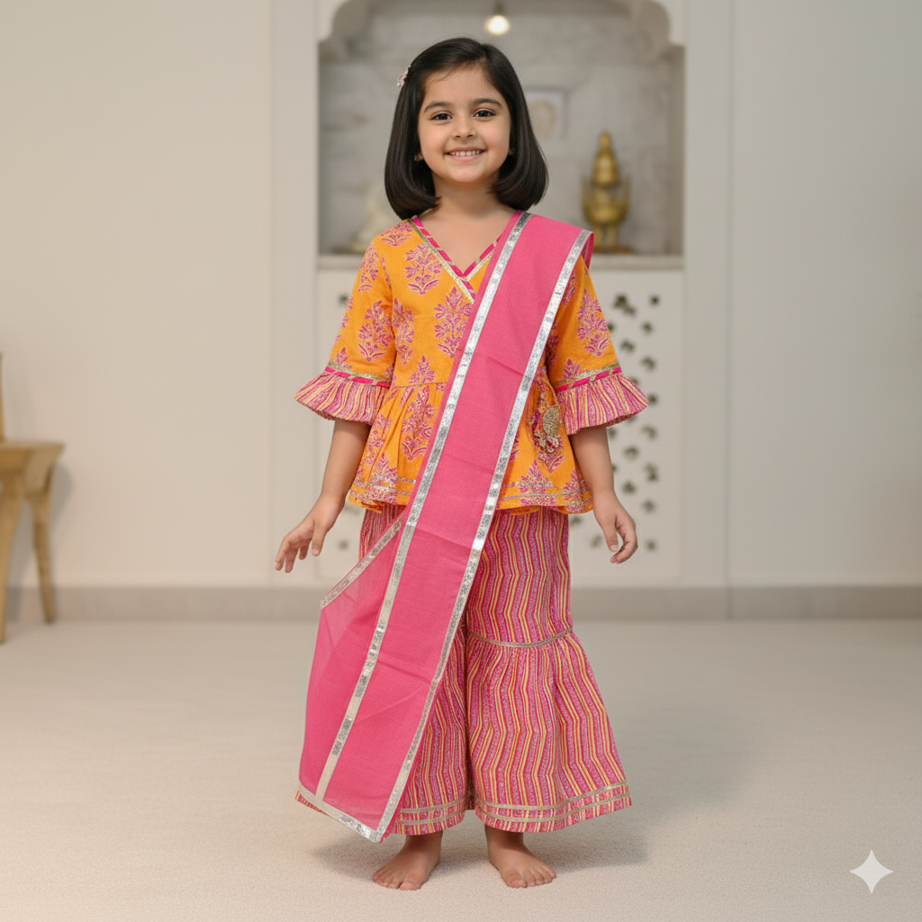 Block Printed Yellow & Pink Coloured Anarkali Suit with Sharara