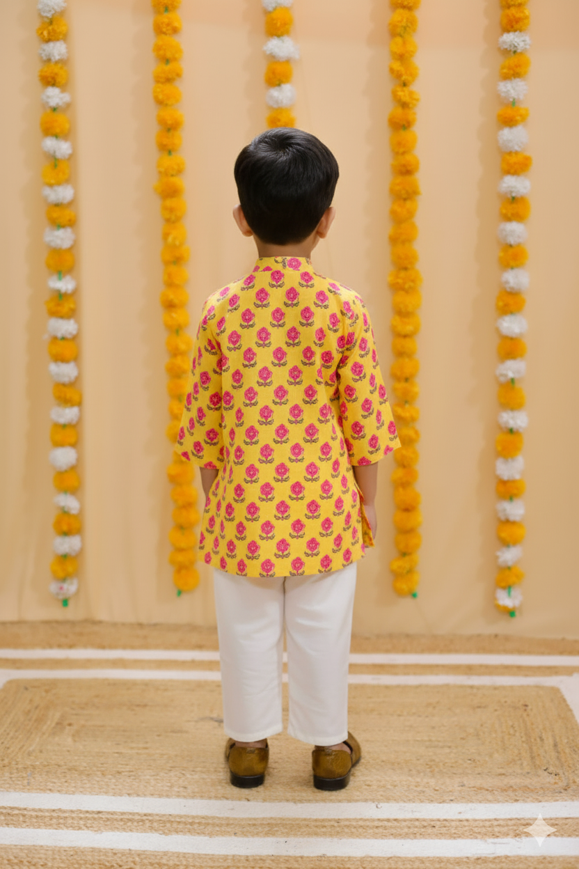 Mustard Block Print Boy's Kurta