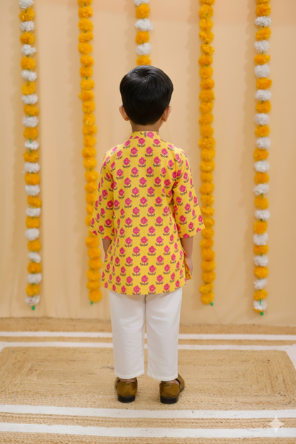 Mustard Block Print Boy's Kurta