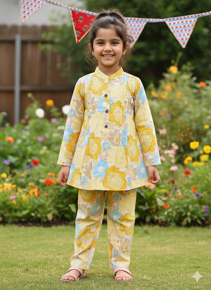 Yellow  Flower Printed Girls Co-Ord Set