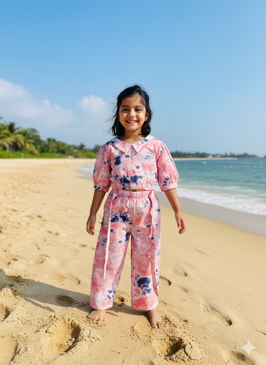 Marble Tie & Dye Print Peach Colour Girls Co-Ords