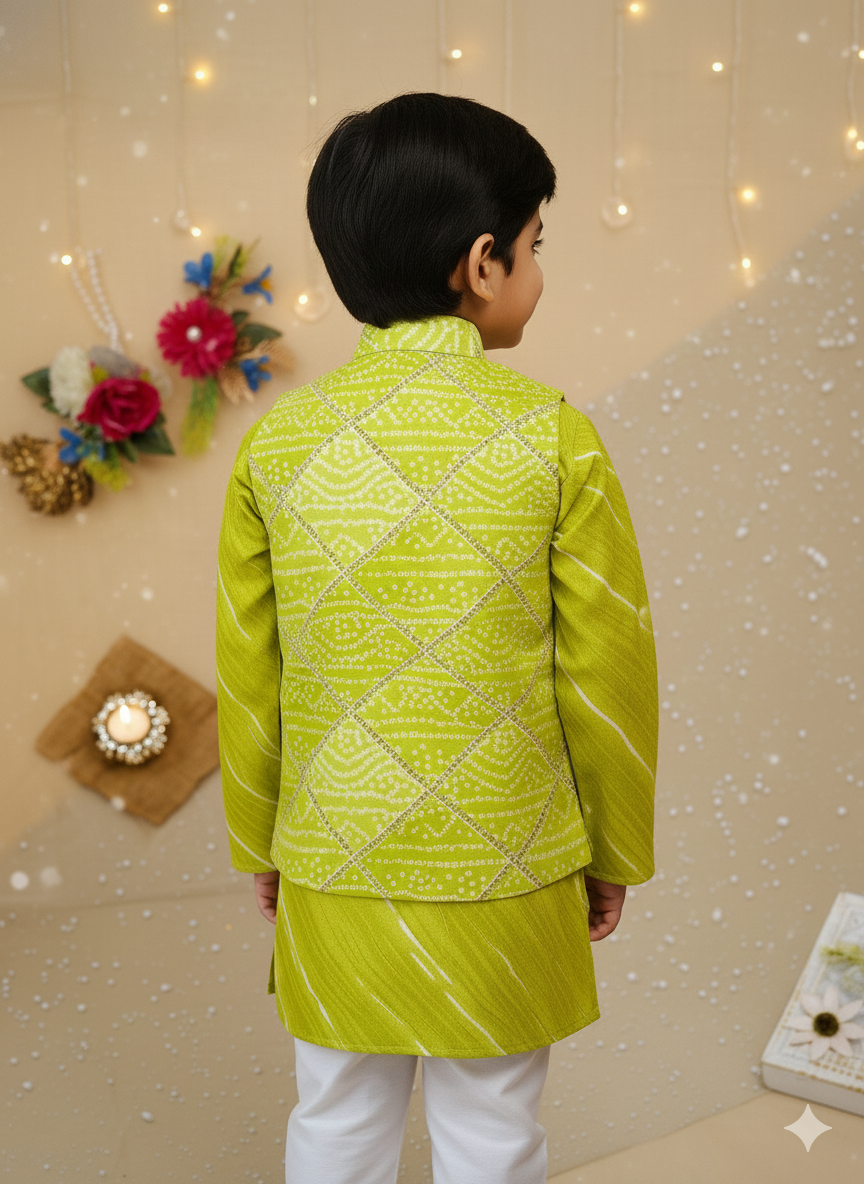 Parrot Green Bandhej Kurta and Jacket with Pyjama (Tie and Dye)