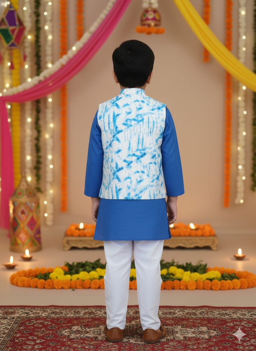 Schiffli Blue Jacket with Kurta -Pyjama