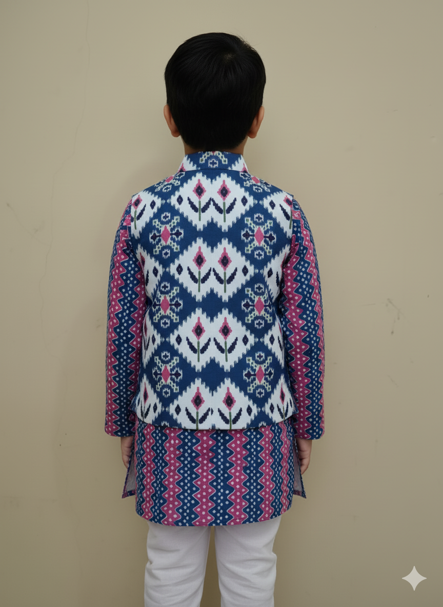 Ikkat Blue Print Jacket with Kurta -Pyjama