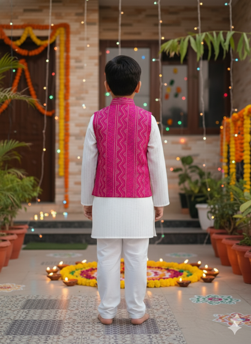 Pink Bandhej Jacket With Lurex Kurta Pyjama