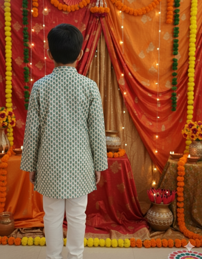 SeaGreen Block Printed Boy's Kurta