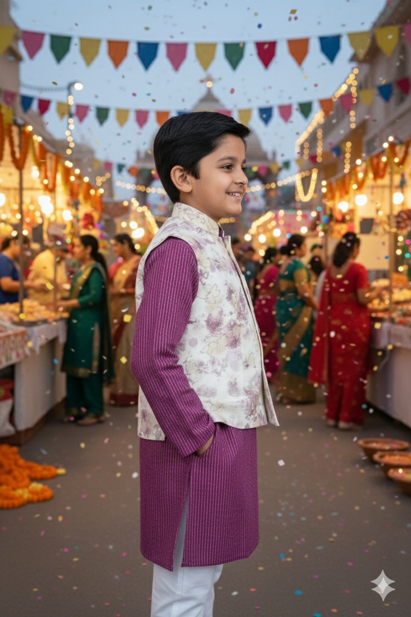 Abstract cream/Purple print Jacket with Kurta -Pyjama